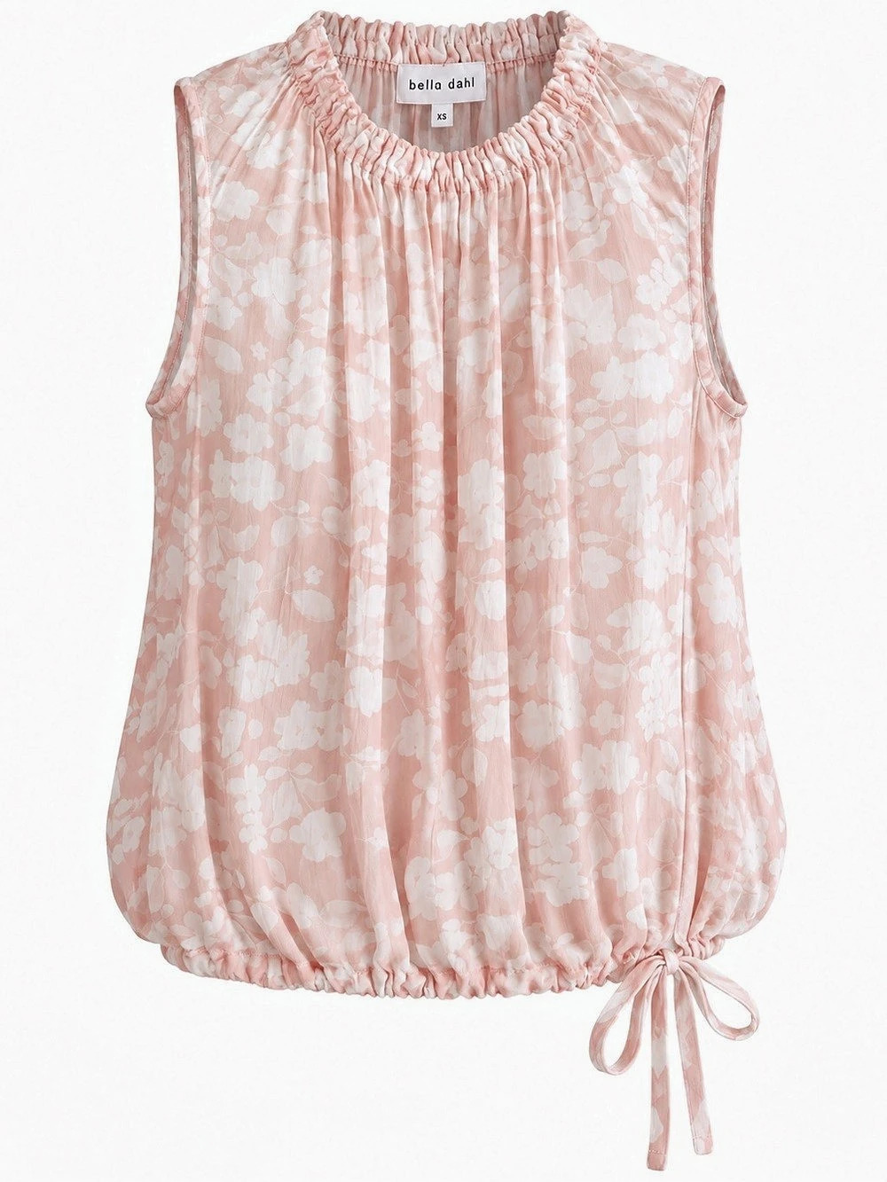 Bella Dahl Smocked Mock Neck Sleeveless Tie Hem Blouse Pink & White XS